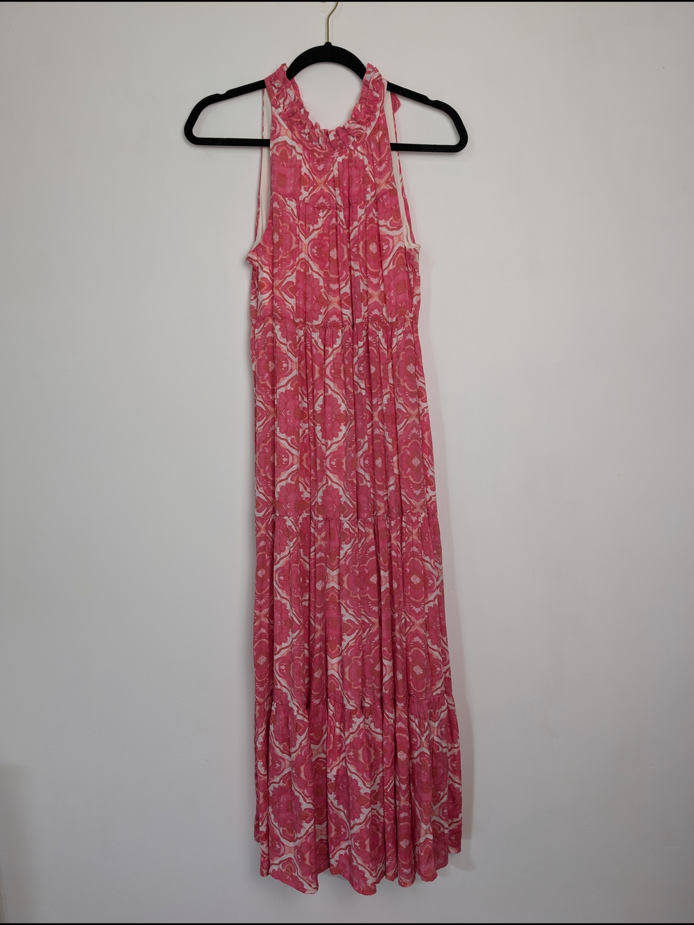 Halter Neck Flowy Geometric Tiered Maxi Dress Size S Summer‎ Garden Party Boho